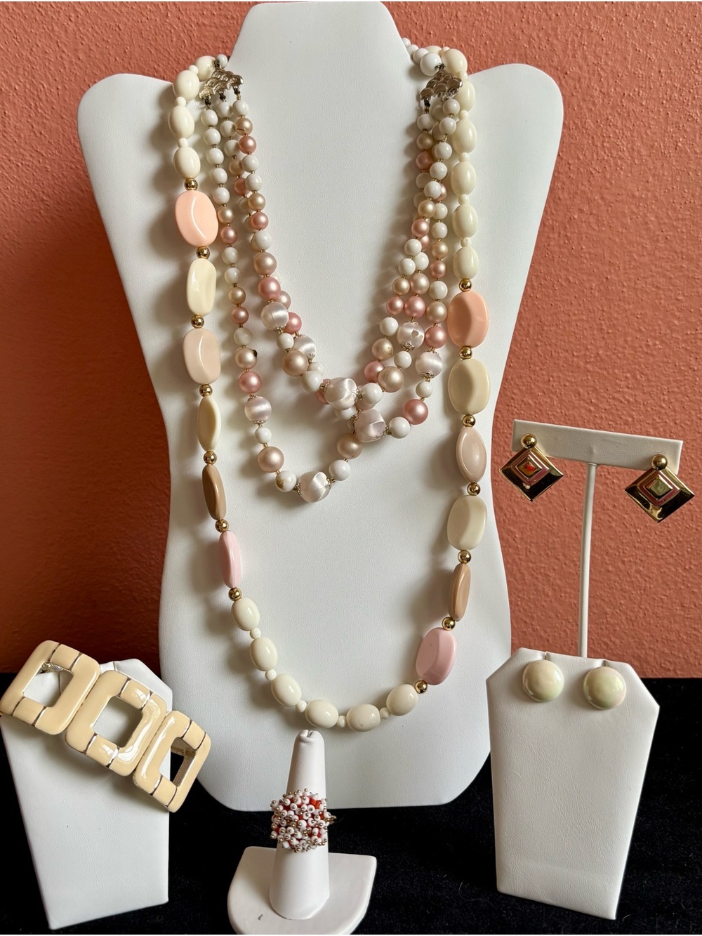 Vintage Style Blush Pink Ivory Jewelry Lot – Necklaces Bracelet Earrings Ring
